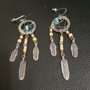 Native American Dream Catcher Bohemian Feather Dangle Earrings -